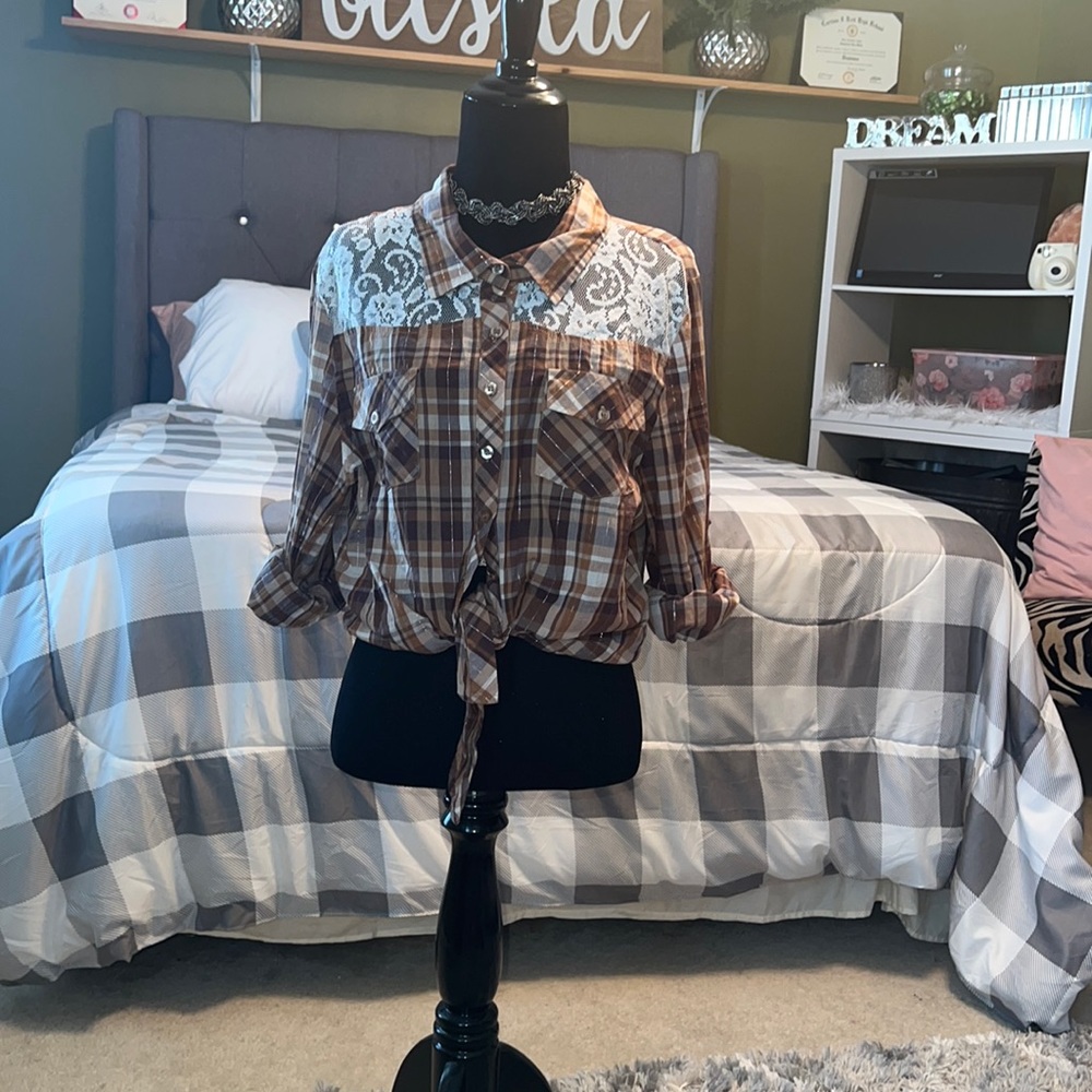 Brown Plaid Button Down White Lace